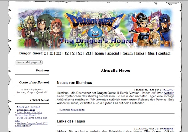 The very first design for the Dragon Quest webpage
