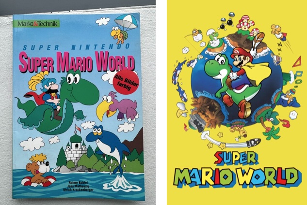 A cartoon image of a hero with a cape and a mustache on top of a green dragon. Medieval setting. Castle in the background. It says Super Mario World. Next to it is the Japanese original.